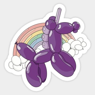 A light and dark purple unicorn balloon with a ballon rainbow and balloon clouds behind it. Sticker